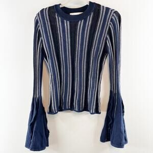 Johanthan Simkhai Long Sleeve Bell Flare Cuff Striped Crewneck Knit Sweater Blue